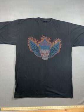 Deluxe Black Rhinestone Winged Skull Crown Graphic T-Shirt Men's Size XL